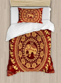 

Elephant Mandala Duvet Cover Set Tribal Mehndi Ethnic Backdrop with Lotus Flowers Guardian Animal 4 Piece Bedding Set