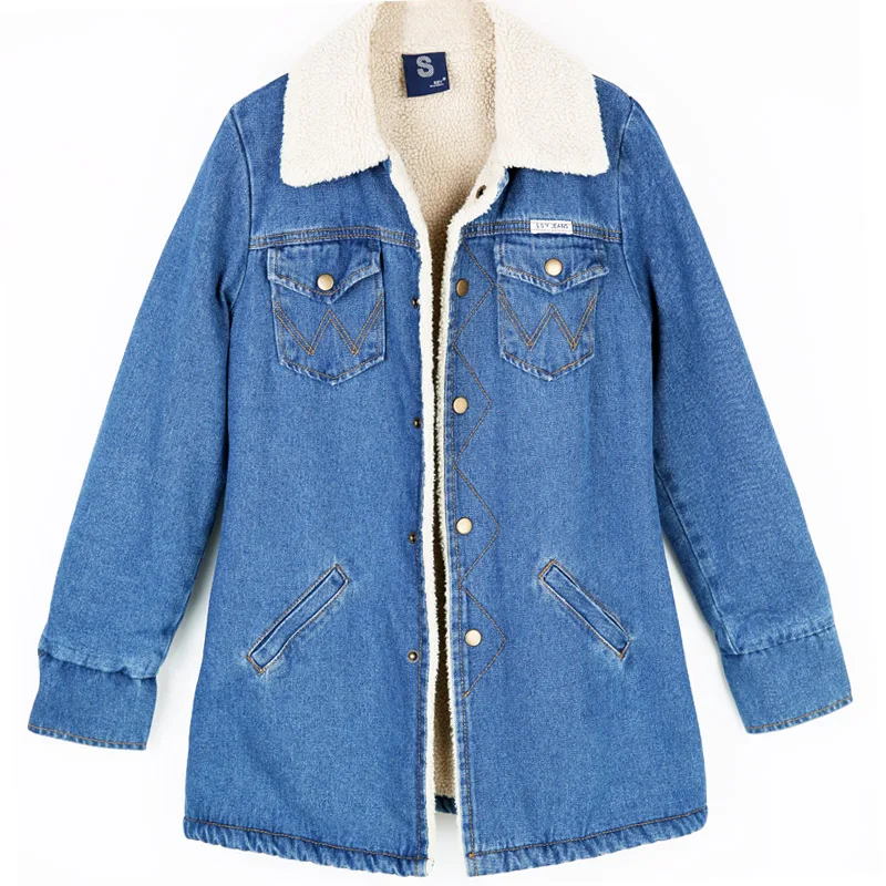 À Automne Hiver Manches Veste Longues Agneau Survêtement Manteaux Nouvelles Vêtements Doublure Col De Dark Chaud Mode Blue down Laine Jean Femmes En Turn ZZrwF