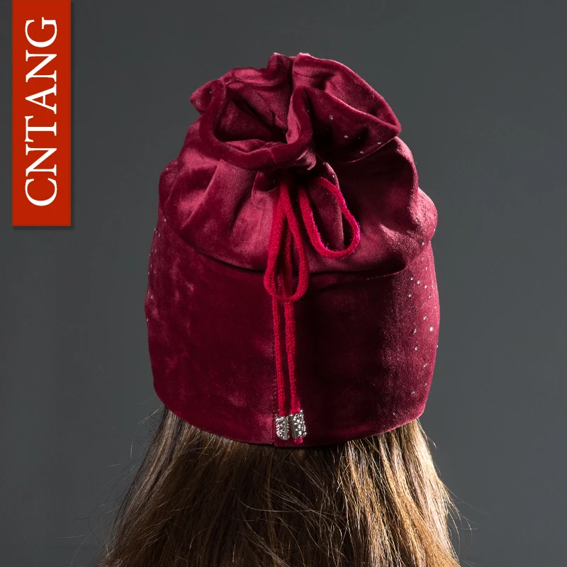 CNTANG Women Rhinestones Velvet Hats Winter Warm Fashion Tied hair Ponytail Hat For Female Autumn Flannel Caps Skullies Beanies 4