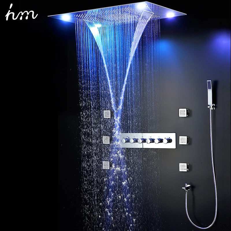 hm 5 functions Shower Set Modern Luxury European Style Large SUS304 Thermostatic Mixer Waterfall Rainfall Bathroom