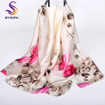 

[BYSIFA] Ladies Pink Roses Silk Scarf Shawl Fashion Beige Long Neck Scarves 2019 Summer Sexy Women Beach Shawl Cover-ups Bufanda