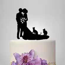 На заказ блестки Свадебный Торт Топперы birde и жених силуэт с двумя catsccolor на выбор