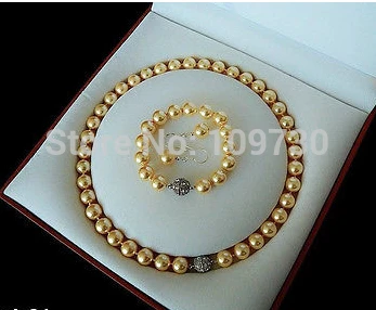 

Jewelry 00797 Rare 10mm Real South Sea Golden Shell Pearl Necklace Bracelet Earrings Set AAA (A0423)