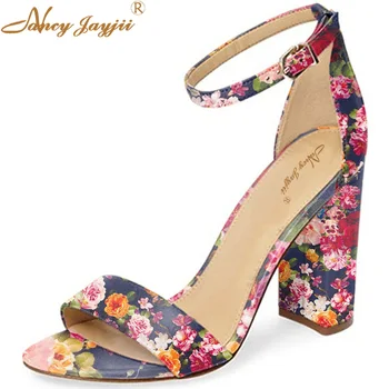 

Popular Embroider Ankle Strap Women Sandal 12cm High Square Summer Beach Shoes Evening Casual Open Toe Print Flower Nancyjayjii