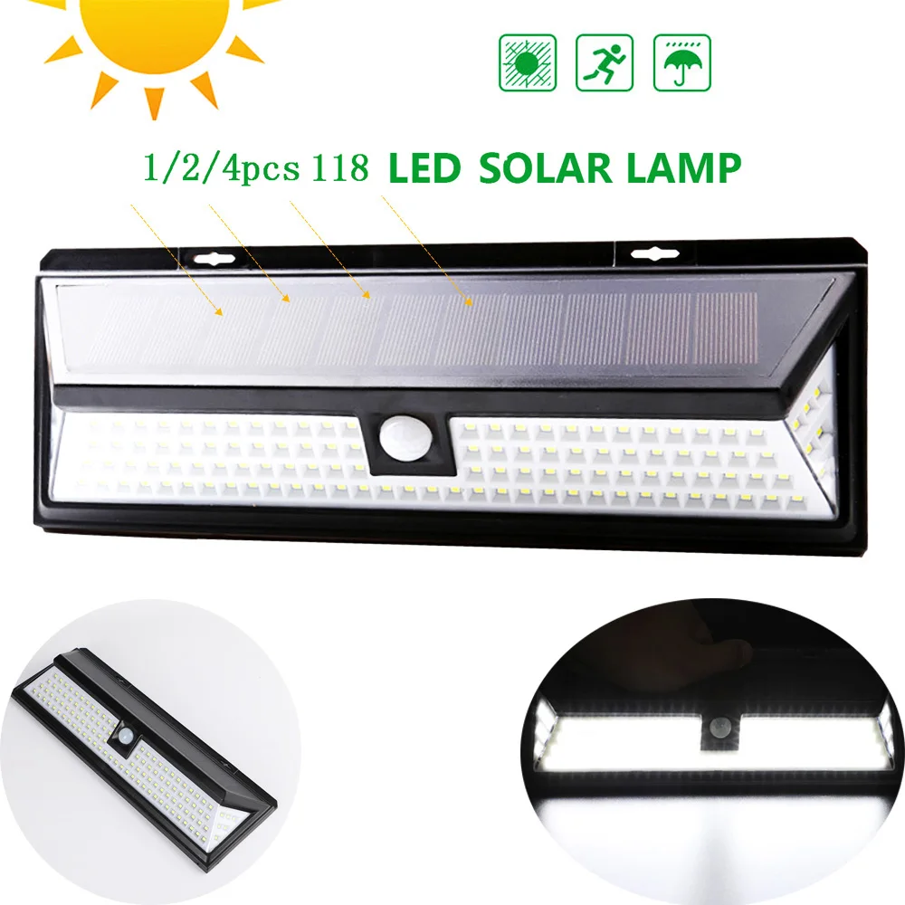 

1/2/4pcs 118 LED Solar Power Motion Sensor Light 3 Modes 800LM Outdoor Garden Yard IP65 Waterproof Pathway Solar Wall Lamp
