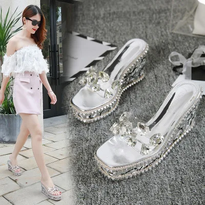 European and American elegant wedges sandals and slippers rhinestone sequins high-heel slippers fashion sweet womens flip flop - Color: Silver