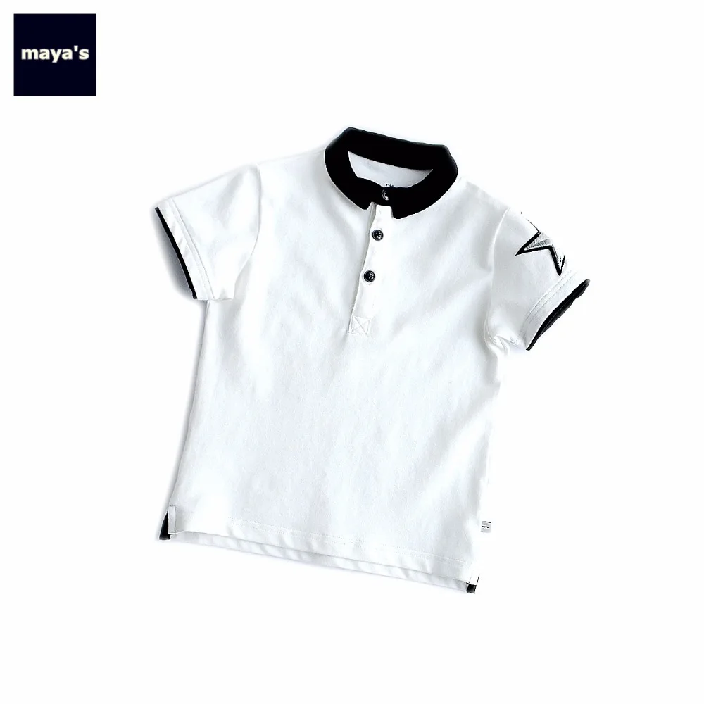 

Mayas Fashion Star Embroidery Color Blocking Children Summer Boys Breathable Soft White Spring Causal Basic Tops 76015