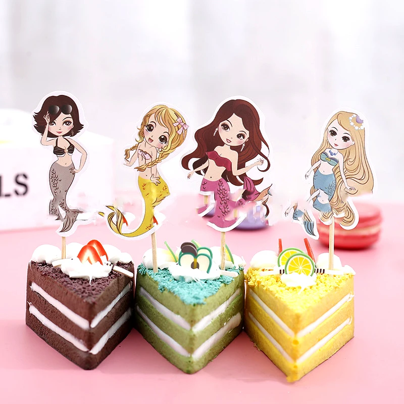 

24PCS/PACK Birthday Wedding Party Girls Favors Mermaid Design Cupcake Toppers With Sticks Decoration Baby Shower Cake Topper