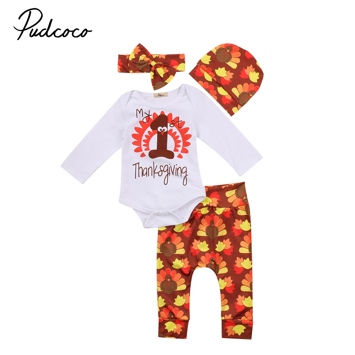 

Pudcoco 4PCS Newborn Baby Girl Thanksgiving Outfits Clothes Set Cotton Romper Tops Pants Hat Headband Set