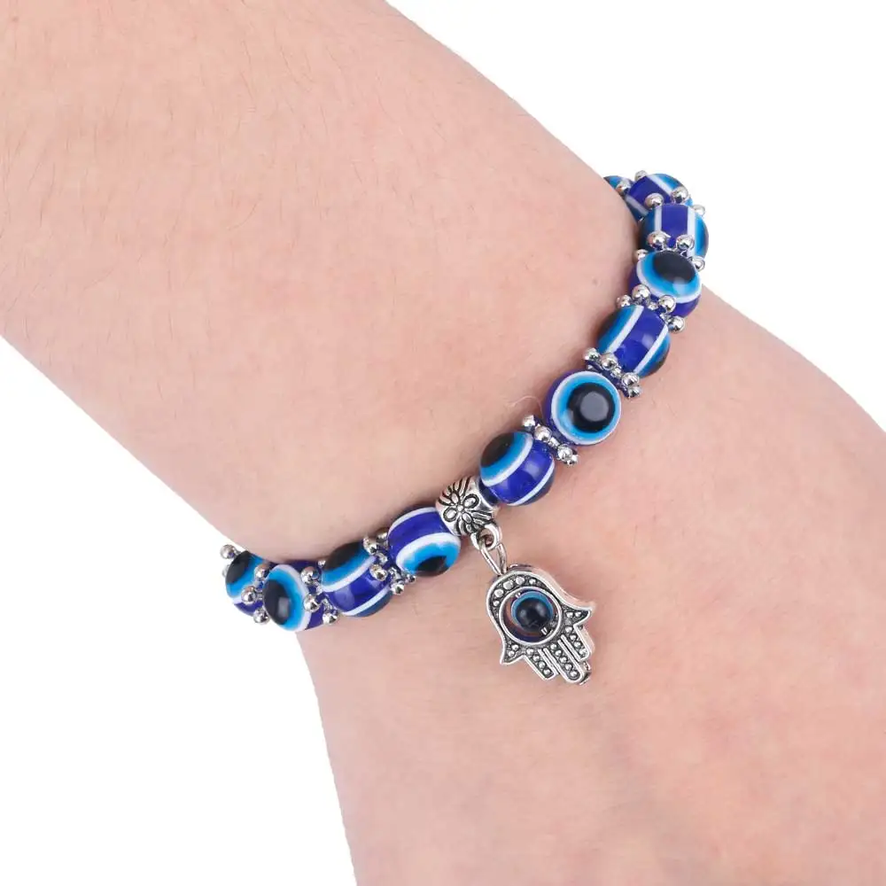 

FAMSHIN Hot sell New Unisex Vintage Handmade Hamsa Fatima Bangle Evil Eye Beads Elastic Bracelet Jewelry