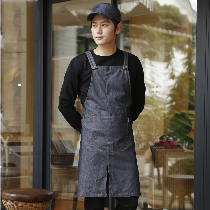 

Fashion Denim Aprons With pockets Cafe fashion Cowboy Uniform Unisex Apron for Woman Men Kitchen Chef Waiter Cooking restaurant