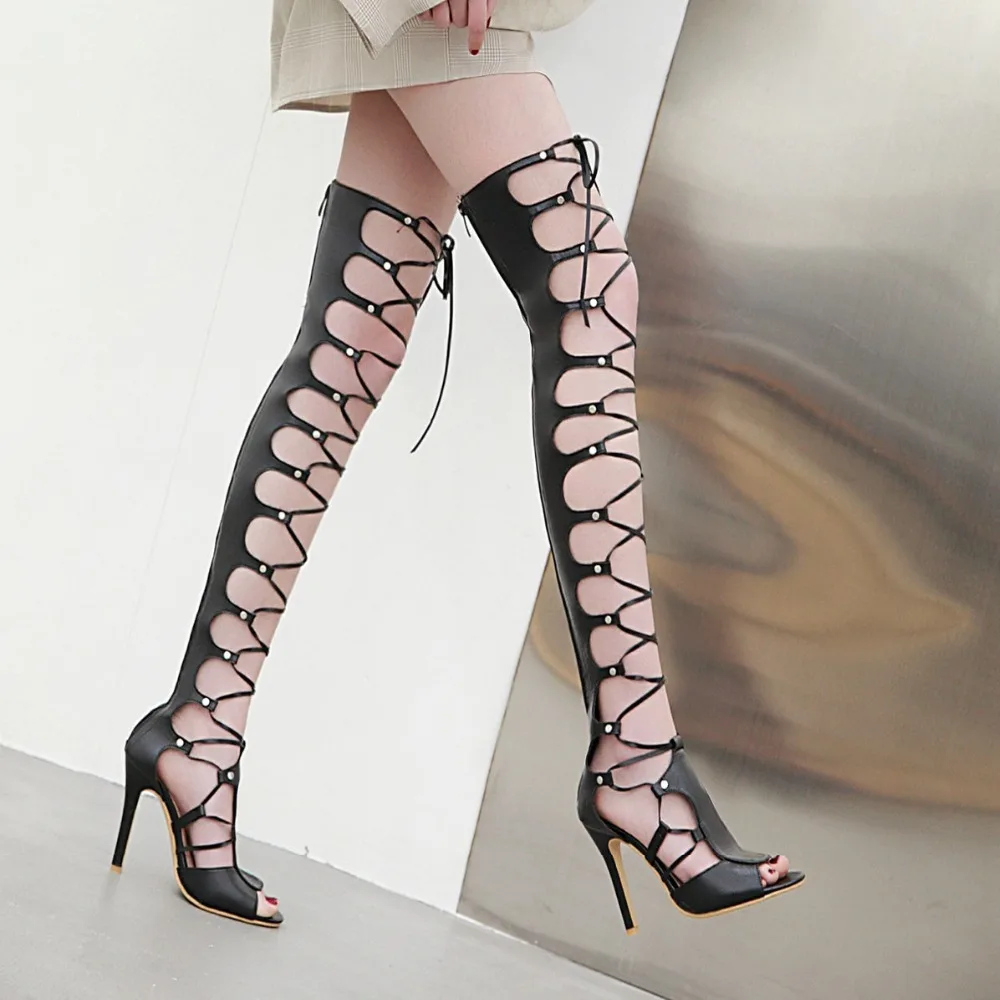 Genou Peep D'été Sur Taille Fête Bottes Dames Chaussure 48 Black beige Grande Mode Découpes Hauts white Talons Toe De Sexy Le Femmes Discothèque 9Y2WHDEI