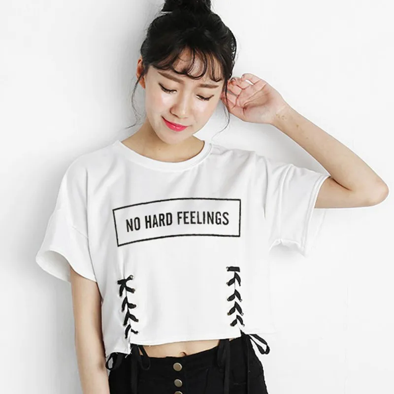 

2019 Summer T-shirt Women Casual loose Print Letter Female T-shirt Cotton Lycra Sexy Midriff T-shirts For Women