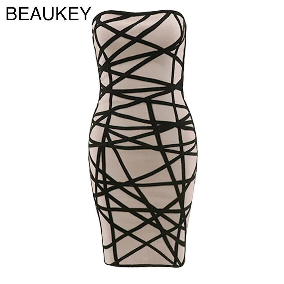 

High Quality Strapless Rayon Sexy Geometric Perspective 2017 Women's New Fashion Bodycon Mini Bandage Dress