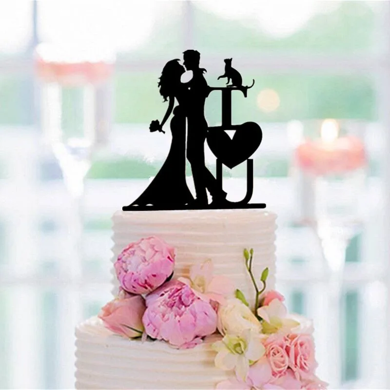 Фото Черный акриловый Топпер для торта I Love You поцелуи невесты и жениха Свадебный с