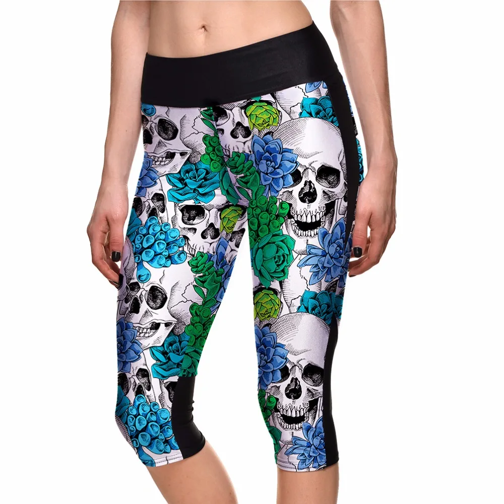 2015 New Fashion Women Sport Leggings Capris Mid Waist Skull Printed Gym Leggings Casual Fitness Workout Pants 
