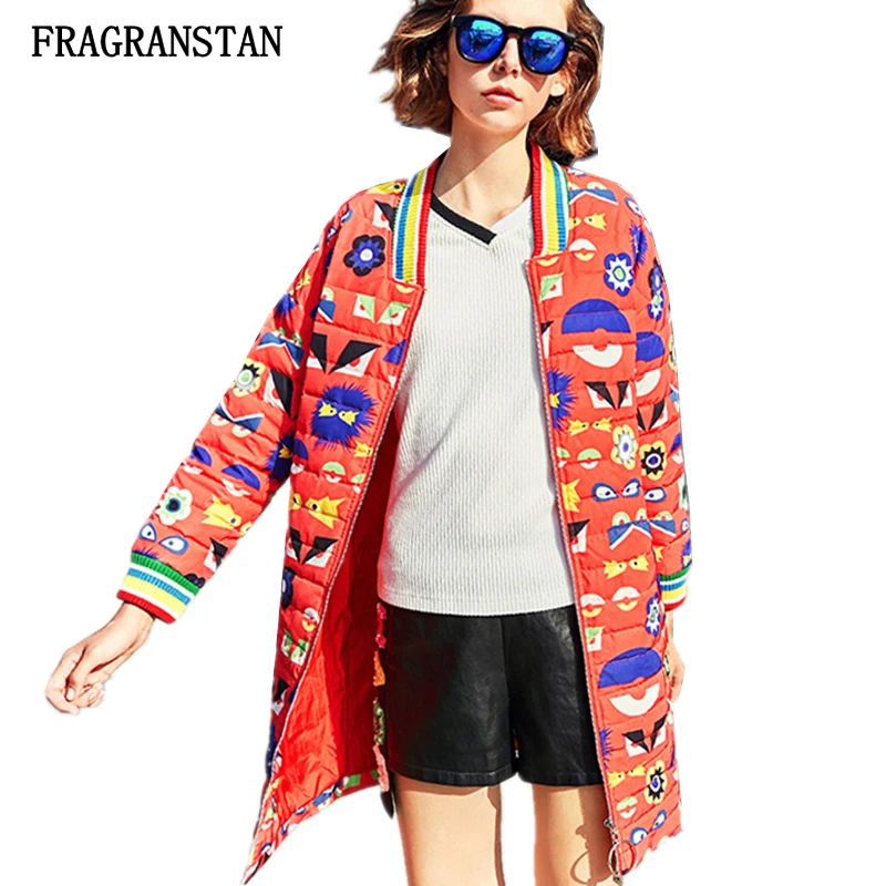 

2018 Female Autumn Winter New Long Down Jacket Women Fashion Cartoon Printed Coat Ladies High Quality Casual Loose Parkas JQ621