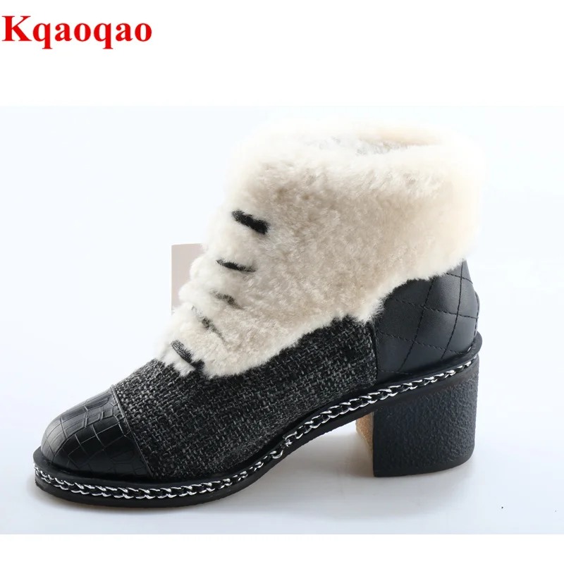 Koop Nieuwe Gemengde Kleur Wit Bont Vrouwen Winter Warm Laarzen Front Lace Up Schoenen Med Hak Korte Laarsjes Luxe Merk Super ster Snowboots