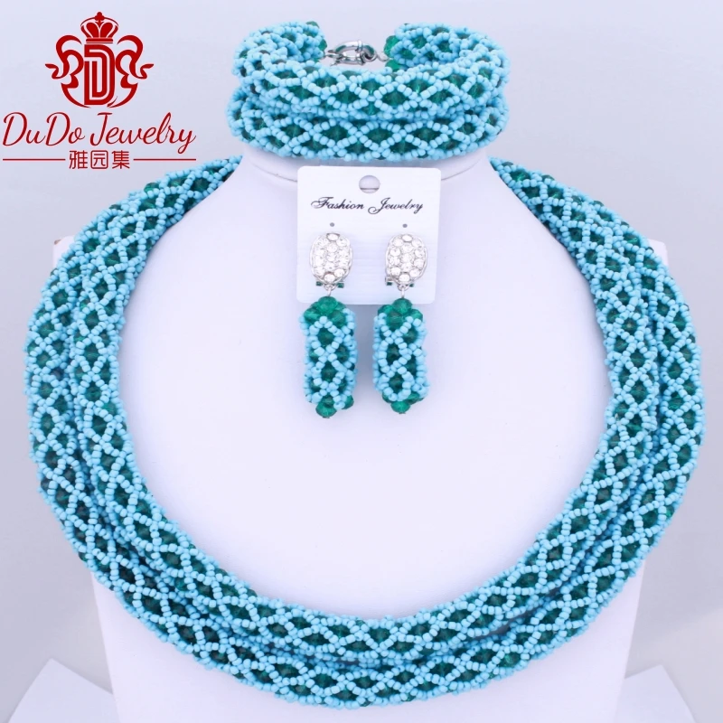 

Gorgeous Sea Blue African Beads Jewelry Set Brand Women Nigerian Wedding Costume Jewellery 2018 Free Shipping Fashionable Sets