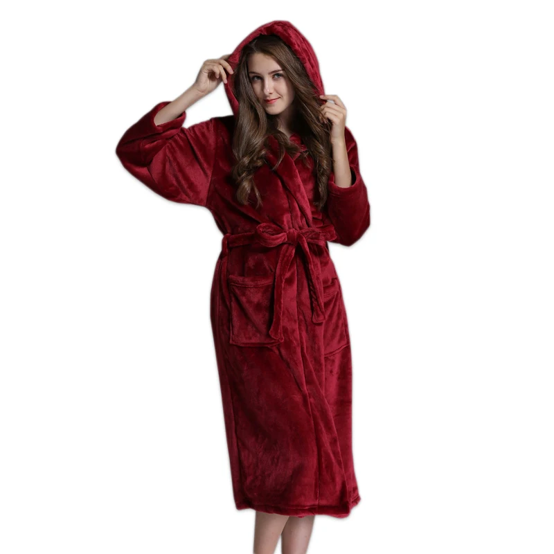 

Plus size hooded Sexy red bathrobes for women thicken Flannel keep warm couples kimono robes women long sleeved dressing gown