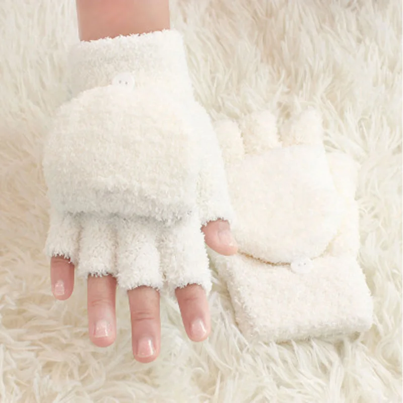 Kids Gloves Baby Girls Coral Velvet Dual-use Clamshell Half Finger Gloves
