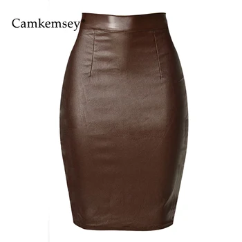 

CamKemsey Plus Size High Waist PU Leather Denim Skirts Women Stretch Bodycon Midi Skirt Ladies Work Office Elegant Pencil Skirts