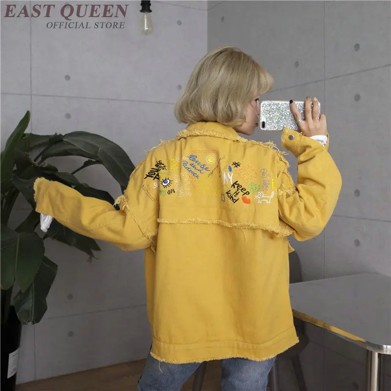 

Women denim jacket yellow Japanese harajuku kawaii style top hip hop clothing 2018 female basic jean jacket 2018 women KK2126