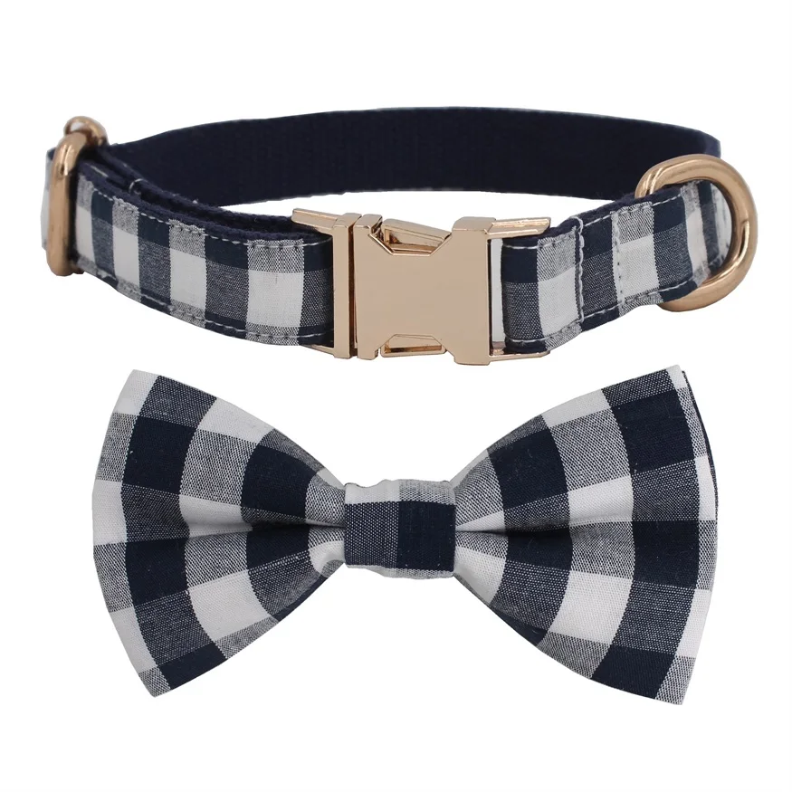 Темно-синий клетчатый ошейник с галстуком-бабочкой для собаки, хлопковое ожерелье для собаки и кошки, подарок для питомца - Цвет: collar bow