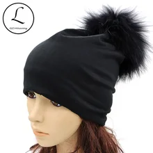 GZHILOVINGL Womens Beanie 2017 Spring Thin Ladies Womens Solid Color Skullies Beanies Real Fur Pom Pom Hats Black Gray Caps