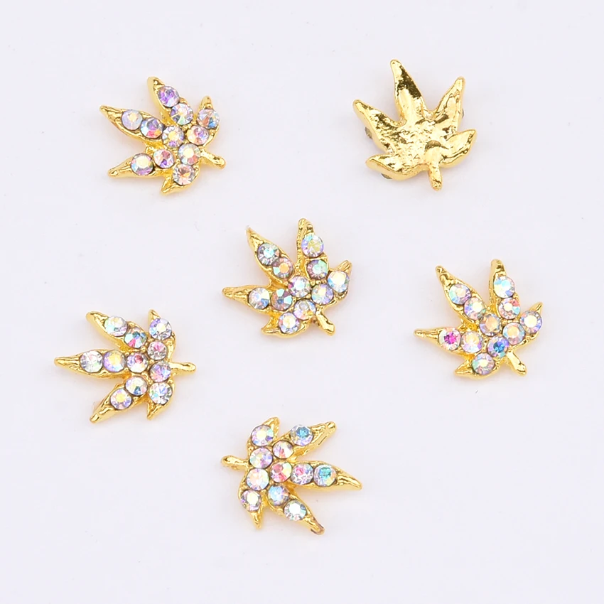 10pcs Crystal gold metal nail jewels rhinestones leaf design charms decorazioni unghie nail parts design materials Y1311~Y1316