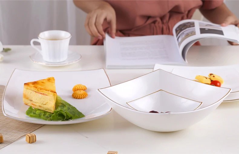 Жаростойкие тарелки из белого опала с квадратным наконечником и золотым краем, посуда для стейка, салата, суши, тарелка