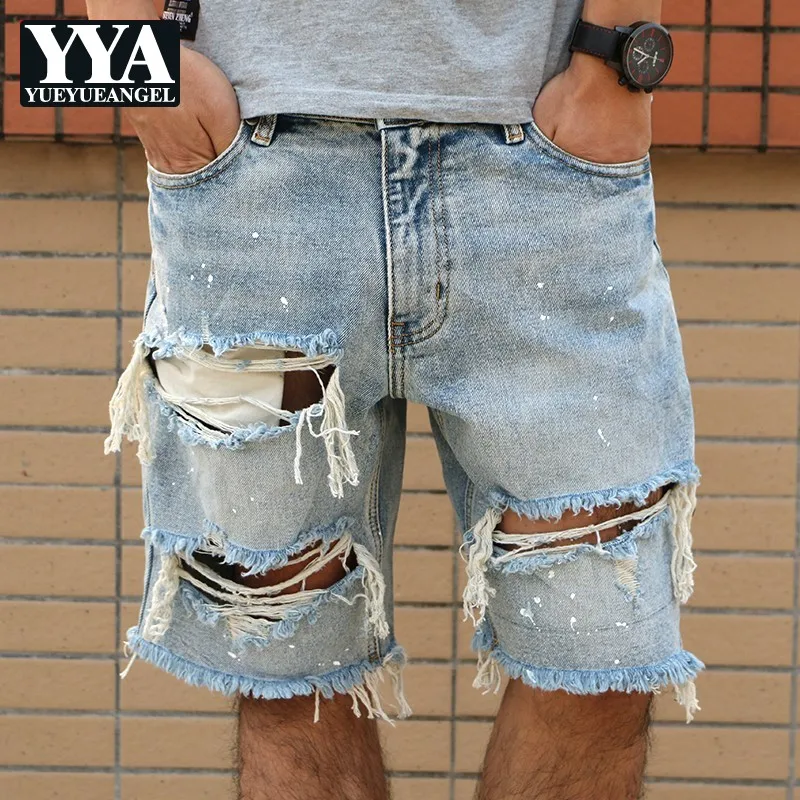 High Street винтажные джинсовые шорты Для мужчин лето 2019 Новый дырявые рваные шорты Homme Омывается прямой ногой хлопковые короткие штаны по