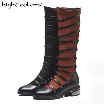 

Fashion Rivet Side Zip Knee High Boots For Women Lady Casual Warm Winter High Boots Chic Black Women Riding Boots Big Size 34-48