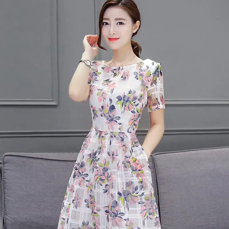 Yfashion женское шифоновое летнее платье модное Цветочное с круглым вырезом и