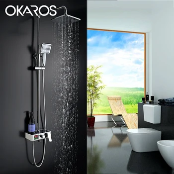 

OKAROS Chrome Finish Bathroom Led Full Digital Dis Shower Faucet System Rainfall Head Hand Shower Sprayer Water Tap Mixer