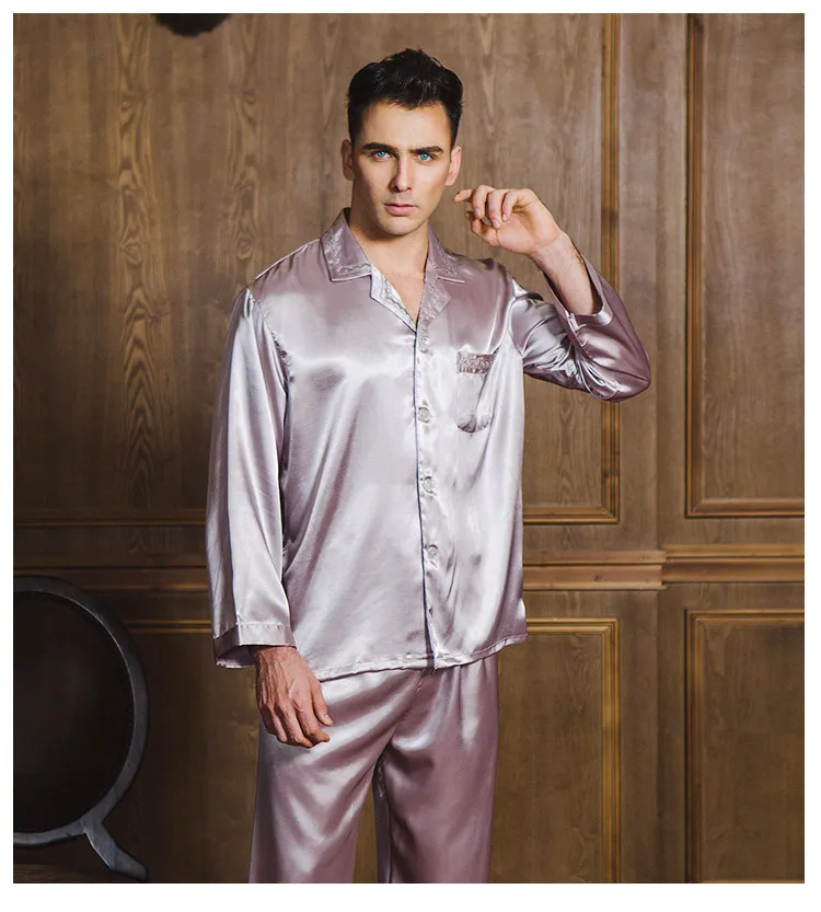 L-3XL 2017 Для мужчин чувство шелка лето и осень топы и брюки Комплекты для дома Домашняя одежда, ночное белье Комплект Для мужчин пижамы наборы