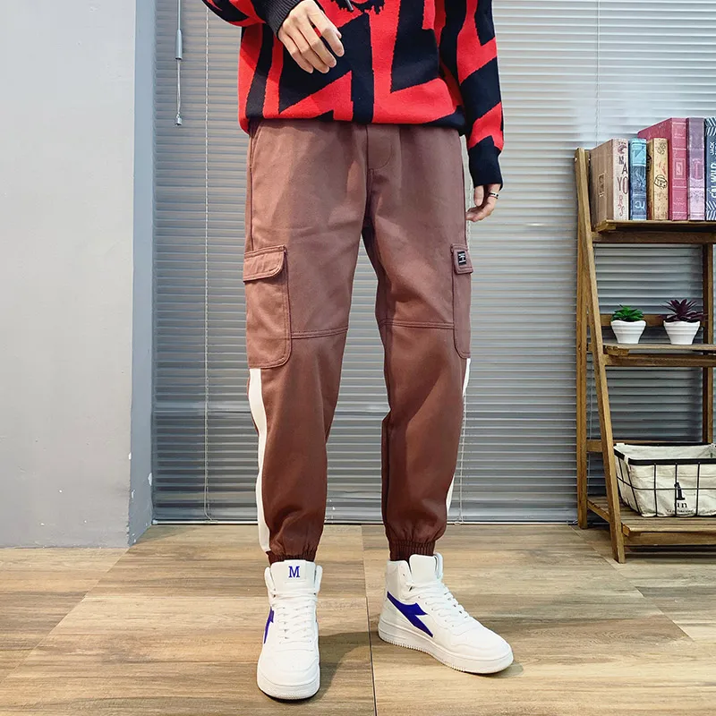 2019 Discount Only Today Polyester Pants For Men Black Stripe Solid Pocket Fashion Hip Hop Causal Korean Men Cargo Pants