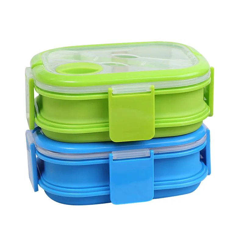 Portable Silicone Lunch Box Double Layers Collapsible Lunch Bento Box With Forks Microwavable