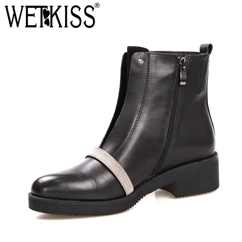 

WETKISS Thick Heels Boots Women Shining Silver Boot Short Plush Warm Female Shoes Zipper Genuine Leather Casual Footwear