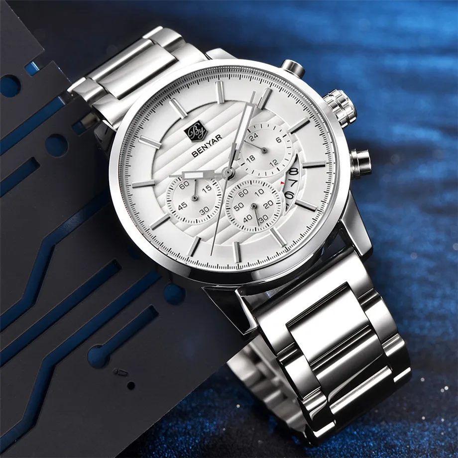 BENYAR Watches Men Chronograph Stainless Steel Calender Water Resistant Formal Wristwatches Man's Casual Male Clock Montre Homme (7)