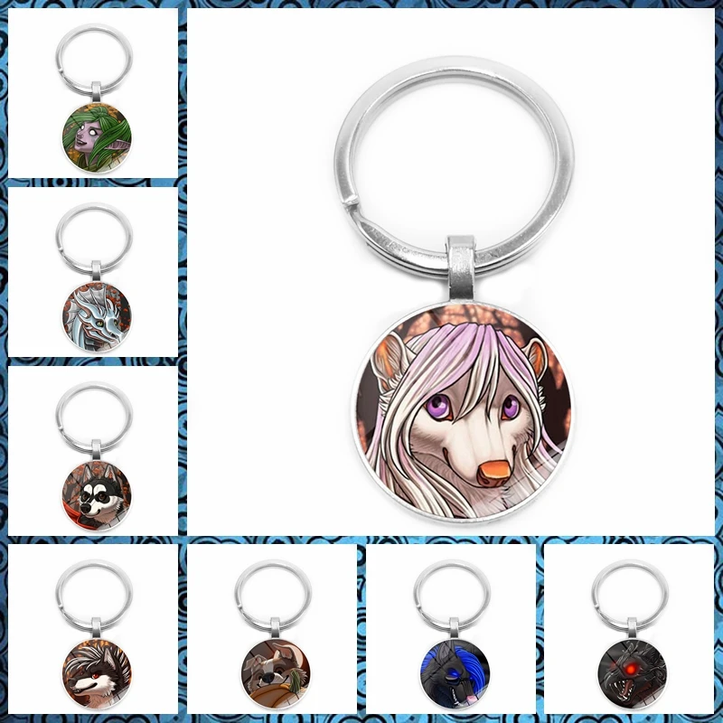 

Fashion Glamour Cartoon Monster Dragon Wolf Pendant Keychain Glass Convex Key Ring Gift for Children