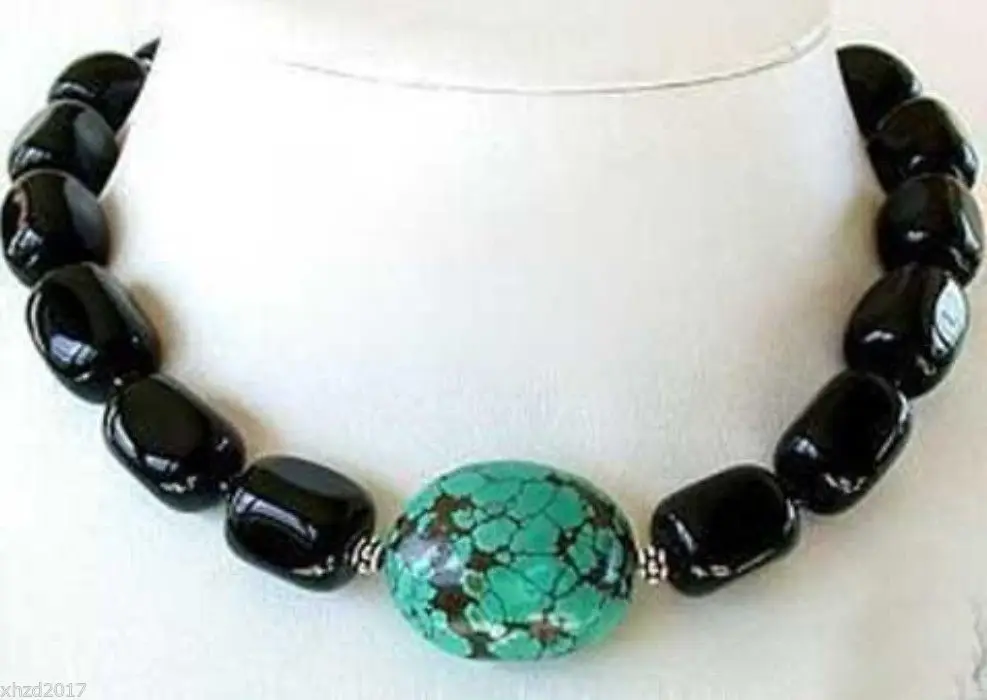 

FREE SHIPPINGAmazing Black Agate&Turkey Turquoise Necklace 18