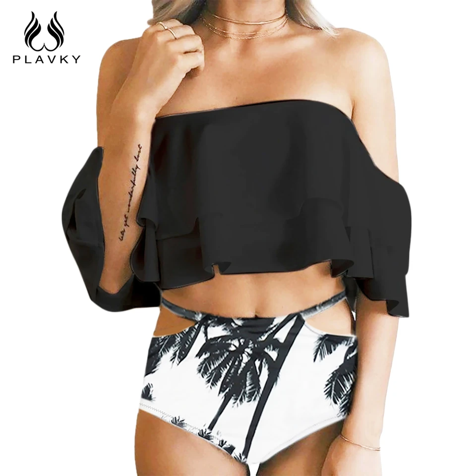 

2019 Sexy Palm Tree Ruffled Off Shoulder Biquini Cut Out Swim Bathing Suit Swimsuit High Waist Plus Size Swimwear Women Bikini