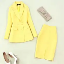 Комплект из двух предметов Весна Осень женский желтый, двух двубортный блейзер+ пакет бедра, высокая талия юбка миди