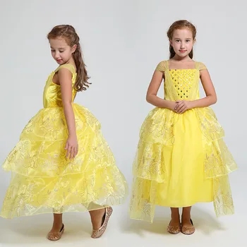 

2017 Beauty and The Beast Belle Princess Dress Halloween Baby Girls Dress Children Yellow Party Costume Girls Clothing