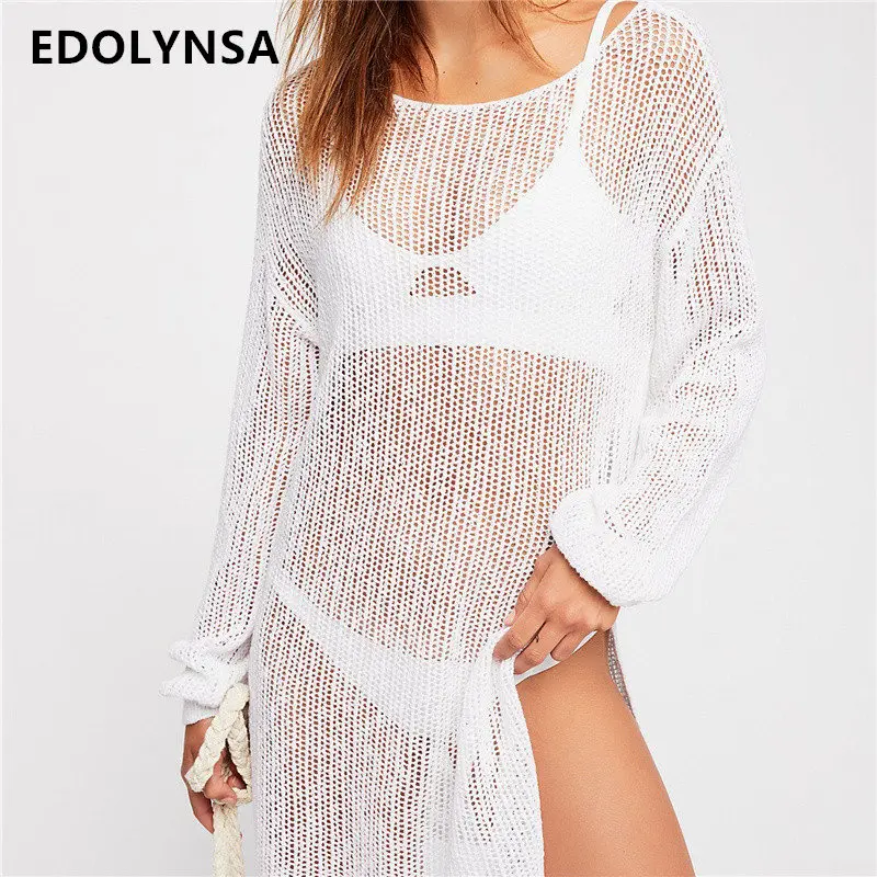 

Sexy White Mesh Side Split Elastic Mini Dress Long Sleeve Round Neck See Through Summer Beach Cover Plus Size Beachwear N512