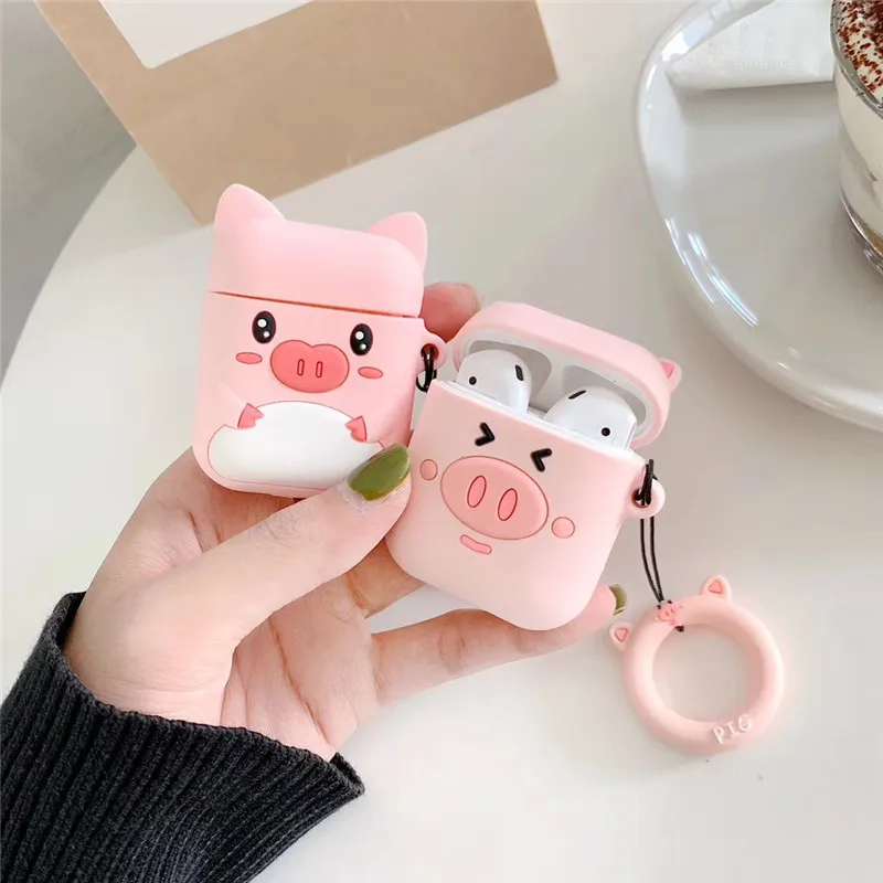 For AirPods Case Cute Cartoon Pink Pig Girl Earphone Cases For Apple Airpods 2 Cover Funda with Finger Ring Strap