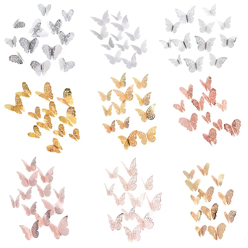 12 шт. красивые розовые золотые серебряные 3D полые бабочки настенные Стикеры для свадьбы, дня рождения, вечеринки, дома, детской комнаты, декоративные настенные наклейки