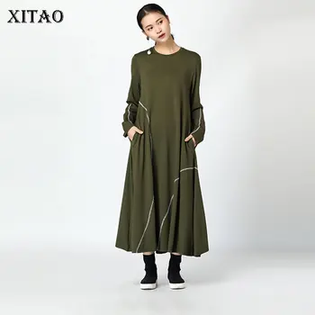 

XITAO Vintage Pleated Long Midi Dress Korea Fashion New O Neck Patchwork Wild Joker Pocket 2019 Autumn Elegant Style LJT3515