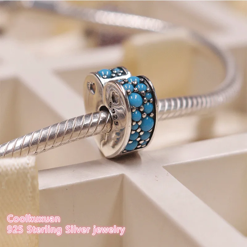 

Summer 100% 925 Sterling Silver Arcs of Love Clip, Cyan Blue Crystal Beads Fit Original Pandora Charms Bracelet DIY jewelry